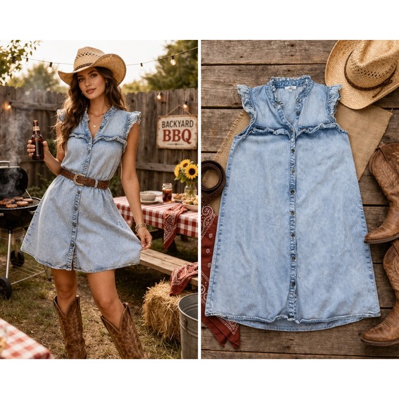 entro Dresses & Skirts - Entro Denim Dress Womens Small Blue Ruffle Button Front Western Cowgirl Chic